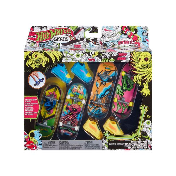 Hot Wheels Skate Neon Bones Tony Hawk-Themed Fingerboard and Shoes, Finger Skateboard and Removable Skate Shoes Designed in Collaboration with Tony Hawk