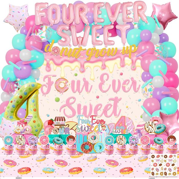 LXlucktim Four Ever Donut Sweet Birthday Decorations for girl, 131 Pcs Donut 4th Birthday Party Supplies decorations - Banner, Cake Toppers, Balloons, Tablecloth, Centerpieces