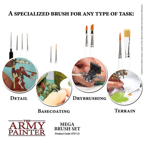 The Army Painter Wargames Mega Brush Set - 10 Miniature Paint Brushes Including Free Masterclass Kolinsky Sable Hair Brush and Detail Paint Brush with Fine Tip - Miniature Painting Kit for Wargamers