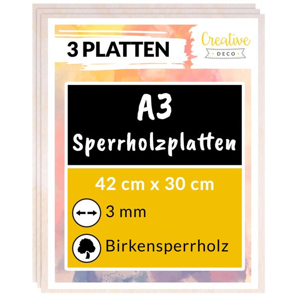 Creative Deco 3 x A3 Sperrholzplatte 3mm | 420 x 300 (+/- 0,5) mm | Birkensperrholz Dünne Holz-Zuschnitte | Perfektes Blatt für Laubsäge, Brandmalerei, Laserschnitt, CNC Router, Durchbrochenes