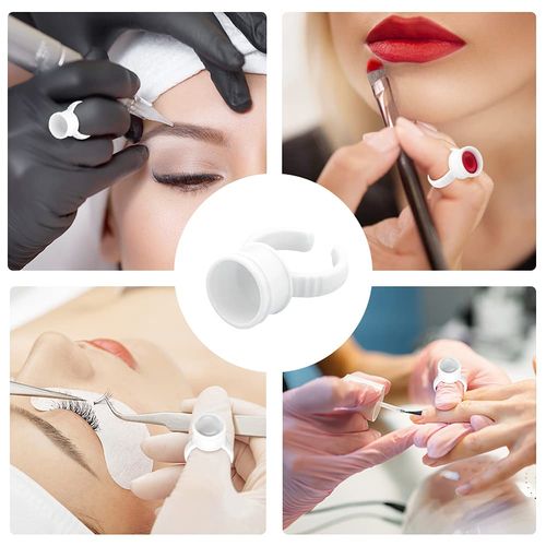 G2PLUS White Eyelash Glue Holder 100PCS Disposable Plastic Glue Ring M Nail Art Polish Holders Tattoo Individual False Eyelash Extension Adhesive Pigment Holders Beauty Tool