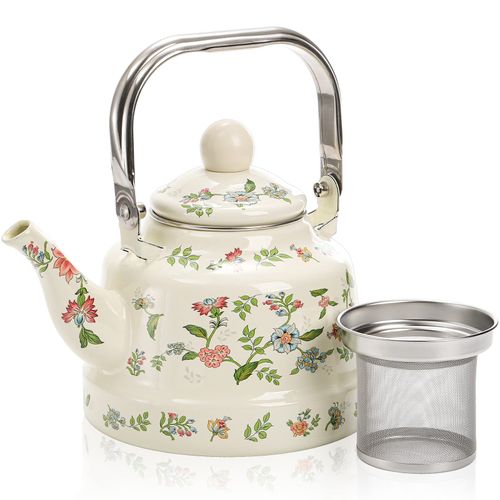 Jucoan 1.8 Quart Vintage Enamel Stovetop Tea Kettle, Retro Green Floral Enamel on Steel Teapot Tea Maker with Removable Infuser for Brewing Tea Coffee, Gift for Wedding Housewarming Bridal Shower
