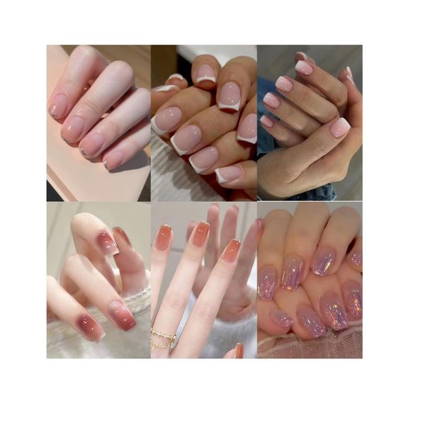 6 Packs(144Pcs) Salon Acrylic Press On Nails, French Glossy Glitter Color Gradient Stick on Nails short, Square Shape,6 bottles of Glue,1 Prep Pad,1 Jelly Adhesive Tape,1 Manicure Stick,1 Mini File