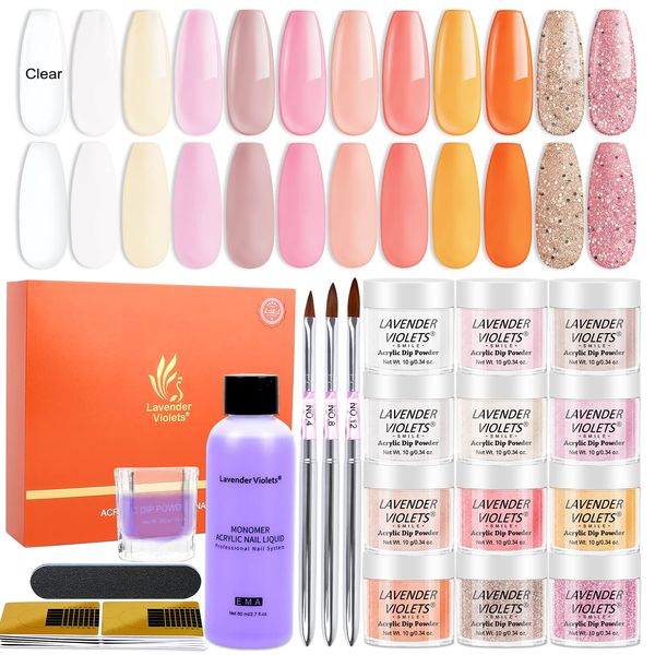 Lavender Violets Acrylic Nail Kit 12 Colours Sunset Rose Gold French Colours Nail Extention Powder and Professional Monomer Liquid Set with Everything Acrylic Nail Tool Kit N963A