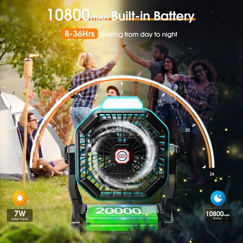 Drchop 20000mAh Solar Camping Fan, 10W Solar Powered Fans with Solar Panel, Rechargeable Fan & Led Lantern, Battery Operated Powered Outdoor Tent Fans for Camping Summer Essentials (Mint Green)