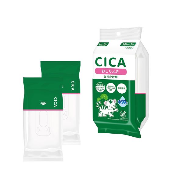 CICA Baby Wipes, Portable Type, 30 Sheets x 2 Pieces (60 Sheets), Skin Refreshing Ingredients, Compounding, 99% Pure Water, Hypoallergenic, Made in Japan