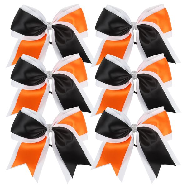 Cheerleader Bows 8 Inch 3 Colors 2 Layers 6 Pcs Jumbo Ponytail Holder Cheerleading Bows for High School College Hair Elastic Hair Tie (Black/Orange)