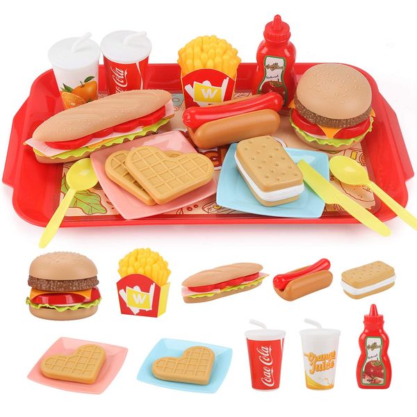 Sotodik Pretend Play Food Set for Children,Removable Fast Food Playset with Tray Hamburger Hotdog Fries Combo,Play Kitchen Accessories Role Play Toys,Educational Gift for Kids Boys Girls (15 PCS)