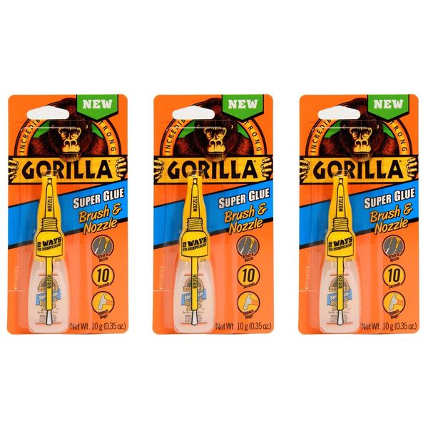 Gorilla Super Glue with Brush & Nozzle Applicator, 10 Gram, Clear, (Pack of 3)