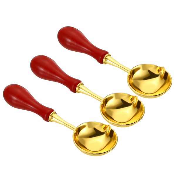 PATIKIL 4" Wax Seal Spoon, 3Pcs Wax Sealing Melting Spoon Brass Vintage Wooden Handle for Wax Seal Stamp Envelope Art Craft, Red