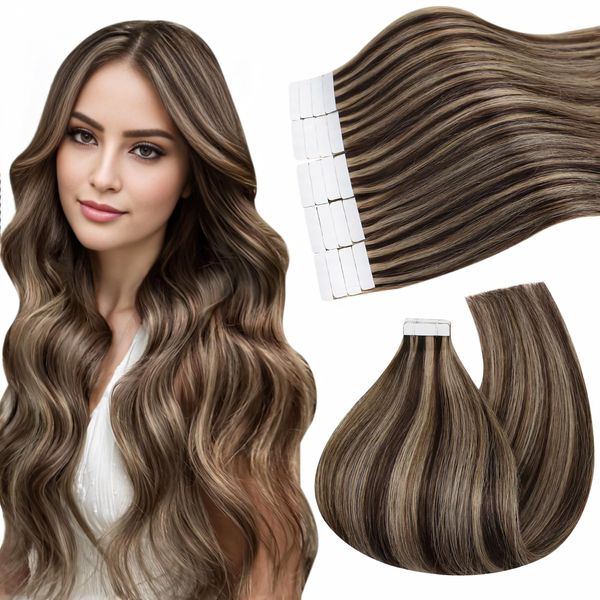 Ugeat Invisible Tape in Haarverlängerungen Remy Echthaar Haar Extension Tape Schokobraun mit Erdbeerblond Unsichtbare Tape Extensions Echthaar 45cm 20 Stück 50g