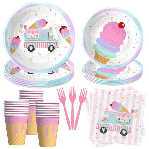 Suhelkit Ice Cream Party Decorations Tableware Girl, Ice Cream Birthday Party Supplies, Paper Plate, Napkin, Cup, Disposable Fork, Here's The Scoop Summer Sweet Birthday Table Decorations, Serve 24