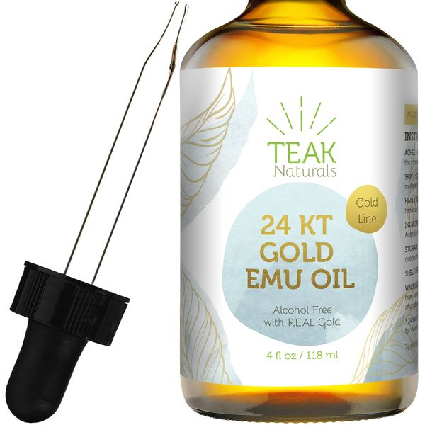 Teak Naturals 24K GOLD Emu Oil, 24 K Gold Organic Australian Emu Oil 4 oz Gold Line Series