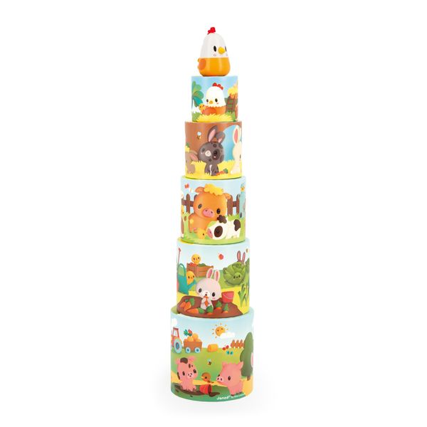 Janod - My First Pyramid - Farm Animals - Early-Learning Toy - 5 Stacking Cubes + 1 Wooden Hen - Develops Dexterity and Imagination - 12 Months +, J03310