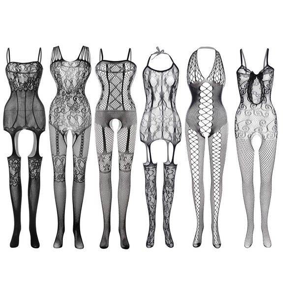 MOZOWO Sexy Lingerie Set, Full Body Tights, Body Stockings, 6-Piece Set, Fishnet Tights, Cosplay, Costume, Black