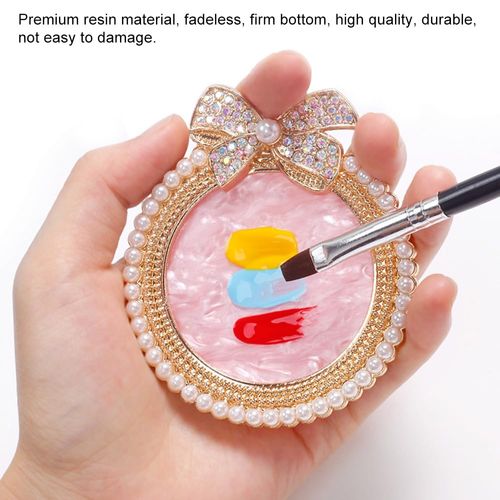 ForSewian Resin Nail Art Palette, Nail Art Painting Mixed Color Palette, Bow Decorated with Rhinestones and Pearls Nail Art Display Board (Silver)