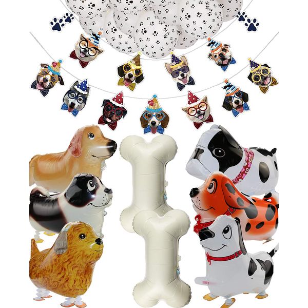 Dog Theme Birthday Party Supplies, 2 Set Dog Face Party Banner 6 Pcs Walking Dog Balloons 2 Pcs Bone Shape Balloons and 10 pcs Dog Paw Print Balloons for Kids Puppy Birthday Party Decoration