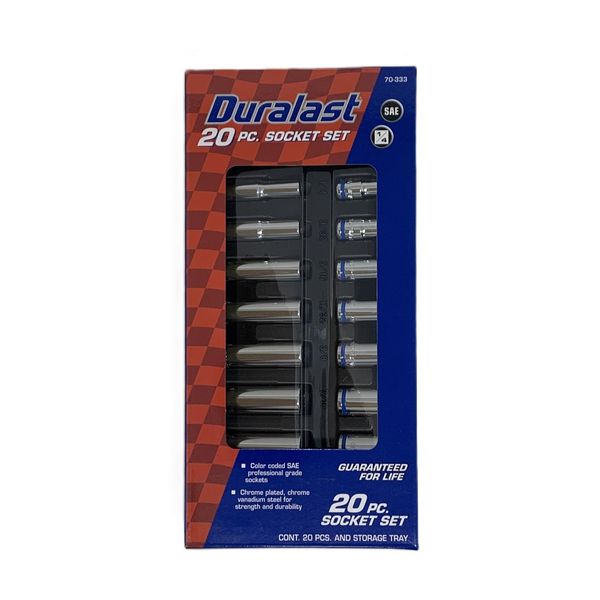Duralast 20PC Socket Set + Storage Tray (70-333) - 1/4 Drive, SAE, 6 Point