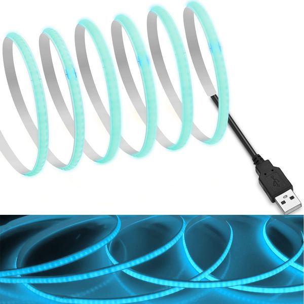 [RYE] COB Tape Light LED Strip Light Flexible High Density Width 0.2 inch (5 mm) Hidden LED Tape Light 16.4 ft (5 m) 320 LEDs/m Ice Blue DC5V 180° Luminescent CRI>=90 Degree Double-Sided Tape