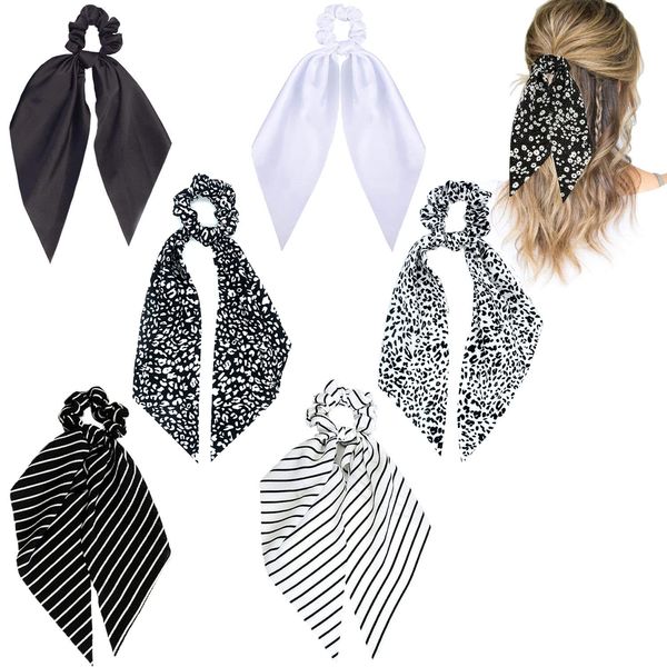 Hair Scarf Scrunchie Ties Black and White Hair Ribbon Ties Fashion Chiffon/Silk Ponytail Holder with Tails Knotted Bowknot Long Scarves Scrunchies Cheetah-print/Stripped/Solid Color for Women (6pcs) …