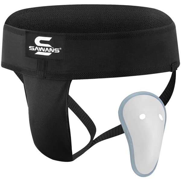 SAWANS Boxing Groin Guard Cup Kickboxing MMA Abdominal Protector Men Sweat-absorbent Ventilated Adjustable Underwear Taekwondo Sparring Groin Protector Jockstrap Jiu Jitsu BJJ Protection (M, Black)