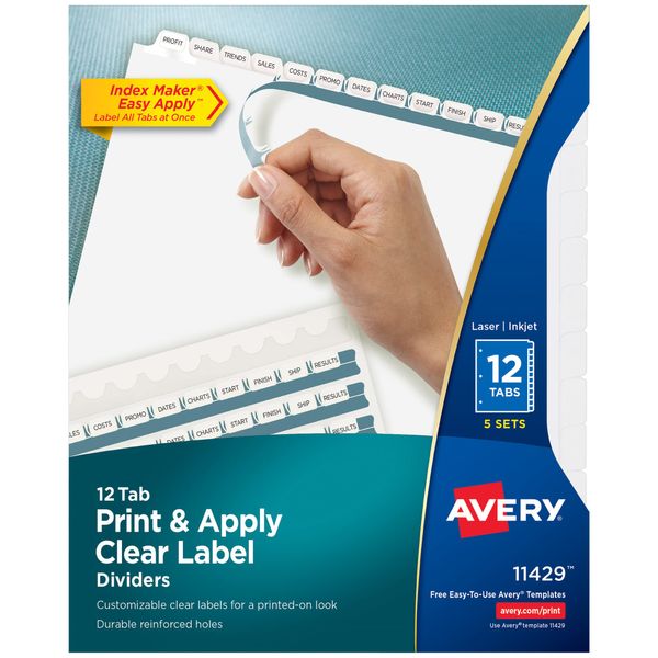 Avery 12-Tab Binder Dividers, Easy Print & Apply Clear Label Strip, Index Maker, White Tabs, 5 Sets (11429)