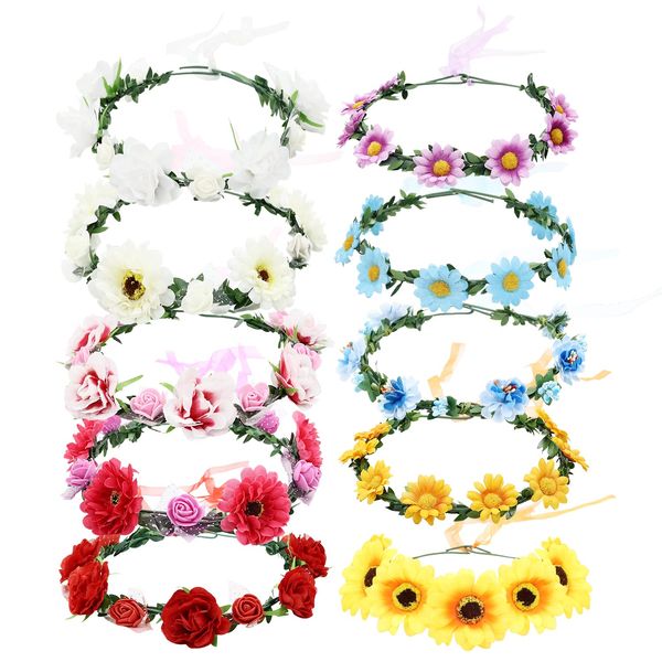 Lawie 10 Pack Boho Sunflower Daisy Rose Flower Crowns Floral Leaf Wreath With Ribbon Halo Headbands Hair Garland Bridal Headpiece Wedding Tiara Hairband Hawaiian Party Accessories for Kids Women Girl