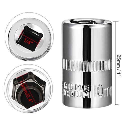 TOP-VIGOR 4Pcs 1/4-Inch Drive 10mm 6-Point Shallow Socket, Metric, Cr-V Drive Socket for Auto Repairing and Household