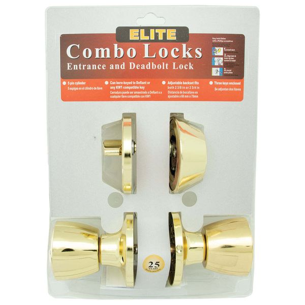 Combo Lockset Entry Door Lock & Deadbolt Polished Brass 3 Keys