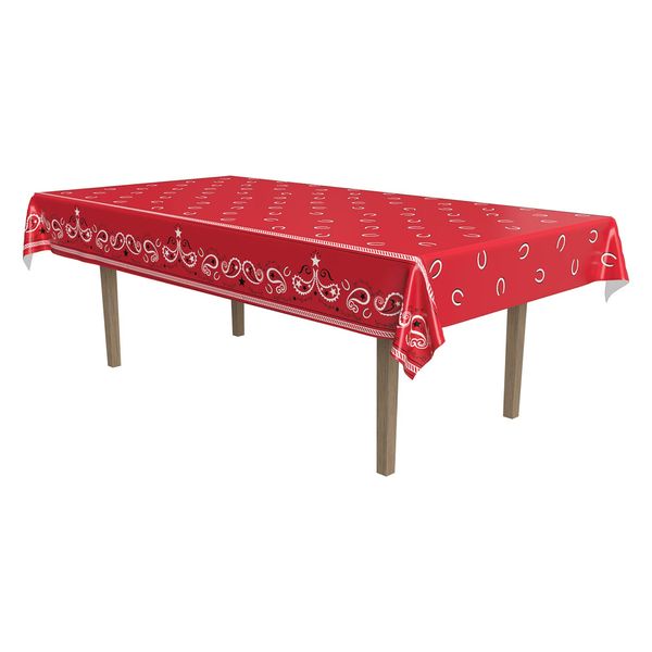 Beistle Red Bandana Tablecover, 54” x 108” – Plastic Table Cloth, Farm Theme Tablecloth, Cowboy Theme Party Decorations, Western Decorations, Bandana Tablecloth, Rectangular Tablecloth