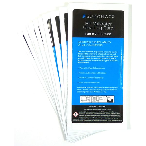 Dollar Bill Validator/Acceptor Pre-saturated Cleaning Card 25/pk