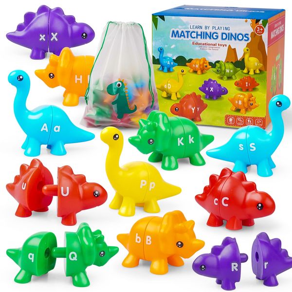 GIANNEER 26 PCS Alphabet Dinosaurs Matching Toys Fine Motor Toy Toddlers Toy Letters Learning Toy Letters Matching Game Montessori Toy for 3 4 5 6 Year Old Boys Girls