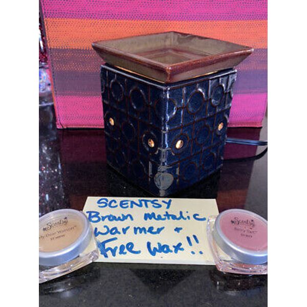 Scentsy Brown & Black wax warmer FREE WAX geometric metallic square design retir