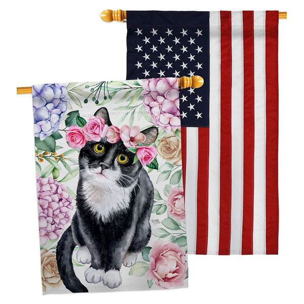 Breeze Decor Floral Tuxedo Cat House Flag Pack Kitten Meow Spoiled Paw Fur Pet Nature Farm Animal Creature Embroidery Decoration Banner Small Garden Yard Gift Double-Sided, Made in USA