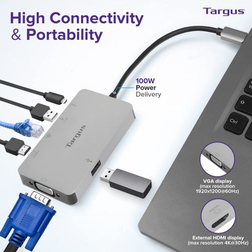 Targus+DOCK419USZ+Docking+Station+-+for+Notebook+-+100+W+-+USB+Type+C+-+3+x+USB+Ports+-+Network+(RJ-45)+-+HDMI+-+VGA+-+Wired