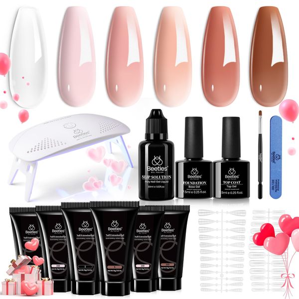 Beetles Poly Nail Gel Kit with Uv Light Starter Kit-6 Colors Clear Nude Pink Neutral Spring Colors All In One Kit Poly Nail Extension Gel Set Builder Hybrid Jelly Gel with Base Top Coat Gift