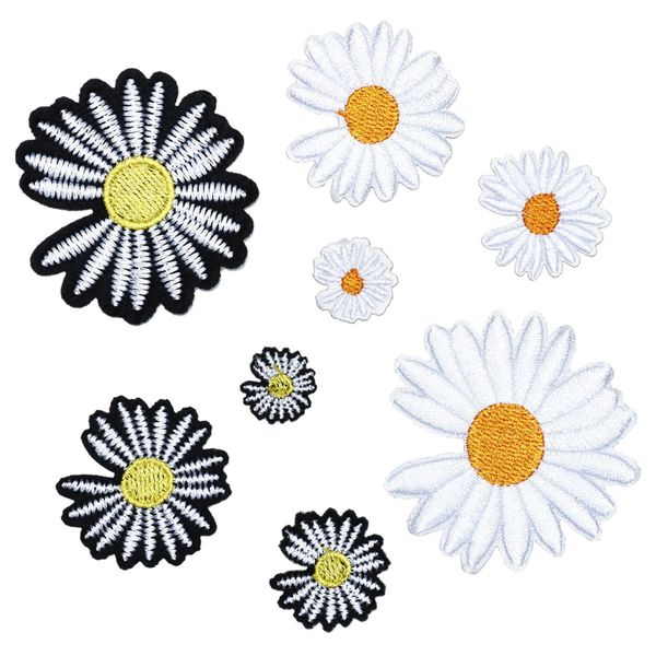 Minason Embroidered Iron on Patches for Clothing: 8Pcs Black/White Flower Daisy Petal Sew on Applique Repair Patch DIY Craft Accessories for Clothes Jacket Jeans Dress Backpacks