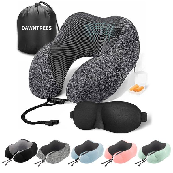 DAWNTREES Travel Pillow Neck Support,Pure Memory Foam Neck Pillows for Travel Airplane, Business Trip with Luxury Bag, Travel Kit with 3D Contoured Eye Masks, Earplugs.……