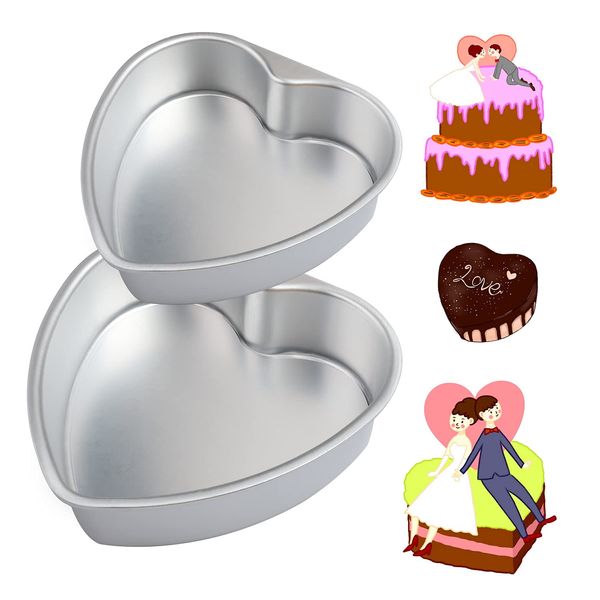 kuou 2 Pcs Heart Layer Cake Tins, Anodised Aluminium Non-Stick Springform Baking Pan Mould with Removable Base for Christmas Birthday Wedding（6" + 8" ）