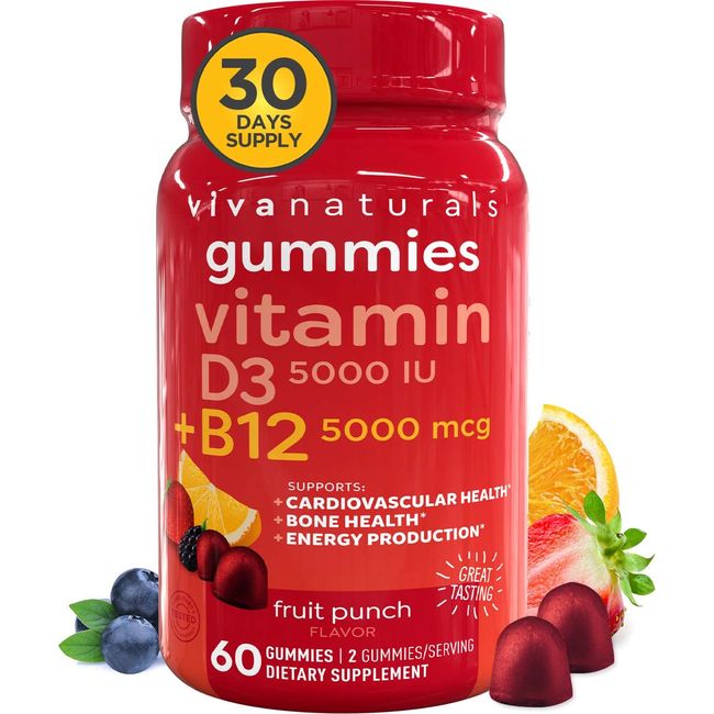 Vitamin B12 5000mcg and Vitamin D3 5000 IU Gummies, 60 Count | Delicious Fruit Punch Flavor, Vitamin D and Methyl B12 Vitamins for Energy and Immune Support