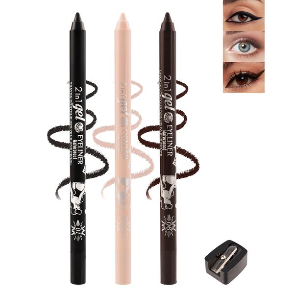 Black+Nude+Brown Waterline Eyeliner Gel Pencil, Eye Liner Waterline Waterproof Smudge-Proof,Long Stay Rich Color Gel Eye Liner Brightener Pen with Sharpener,Water Line Eyeliner for Sensitive Eyes-3pcs