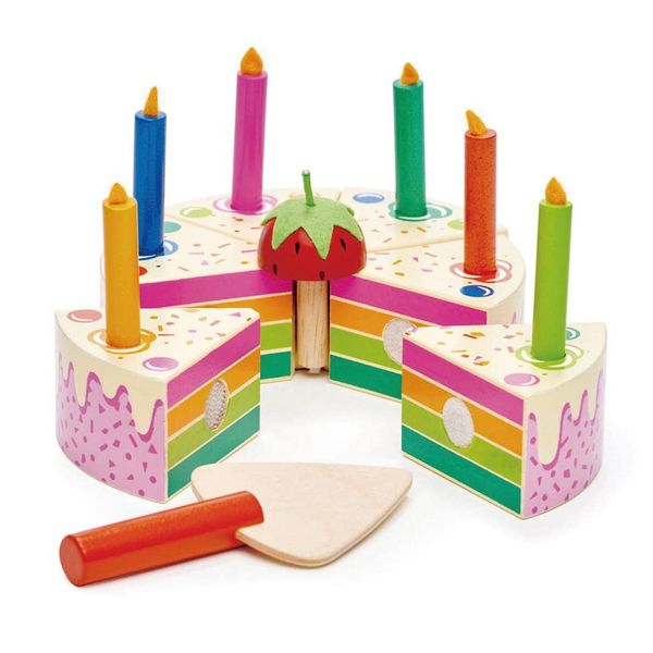 Tender Leaf Toys - Rainbow Birthday Cake - Pretend Play Food Toy with Candles and Server, Birthday Party decoration or gift for kids - Develops Social Skills and Imaginative Play for Children - Age 3+