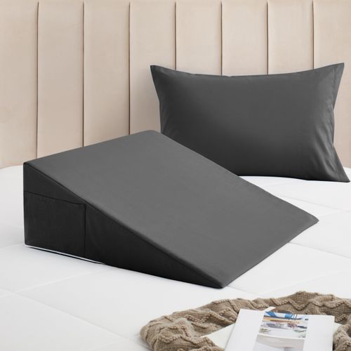Horbaunal Dark Grey Bed Wedge Pillow Cover with Zipper Design, Wedge Pillowcase Protector with Side Pocket for Storage, 25" L x 25" W x 10" H(Pillow Not Include)