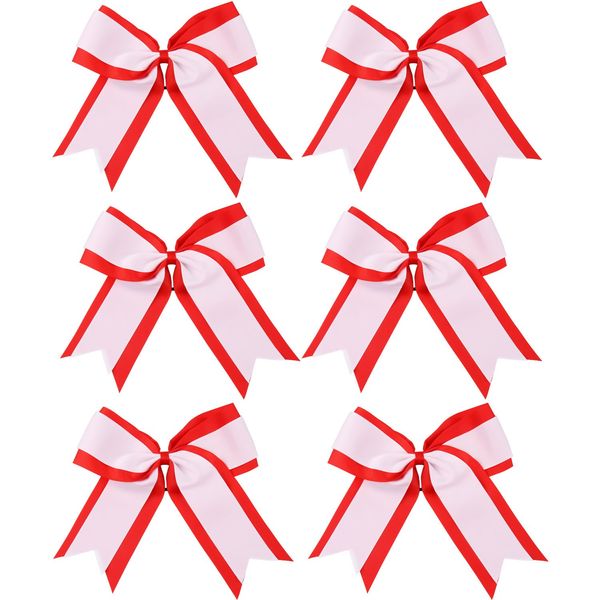 8 Inch 2 Colors Cheerleader Bows 2 Layers 6 Pcs Ponytail Holder Cheerleading Bows Hair Elastic Hair Tie (Red/White)