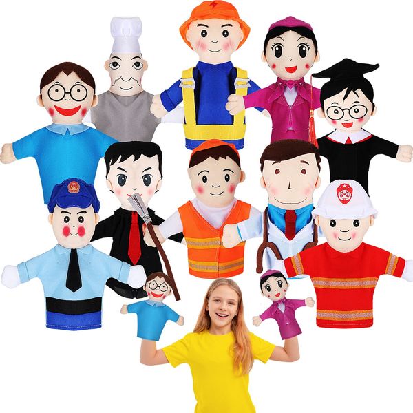 Lenwen 10 Pcs Hand Puppets Set for Kids 12.2'' Multicultural Hand Puppets Bulk Soft Plush Hand Puppets Learning Interaction Suitable for Home Daycare School Classroom Role Play Puppet Theater Shows