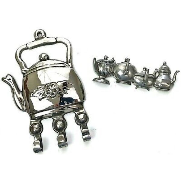 Vintage Set of 2 Teapot Deco Silver Plated Hook Hanger Wall Mount Organizer Home