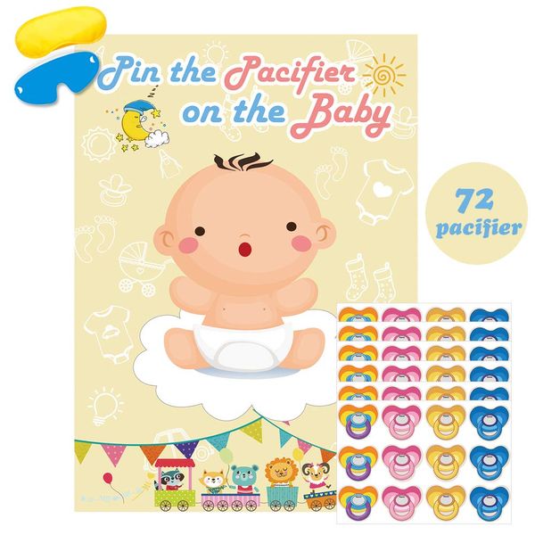 Baby Shower Games Pin Dummy - Fowecelt 72 Pacifiers Pin The Pacifier on The Baby, Pacifiers Game Party Favors, Baby Poster Party Game for Boys Girls Mummy