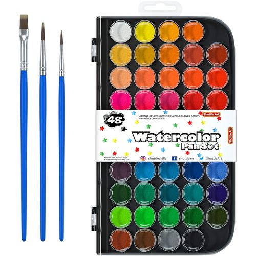 Shuttle Art 48 Colours Watercolour Paint Set, Watercolour Paints Pan with 3 Paint Brushes Perfect for Kids Beginners Watercolour Painting