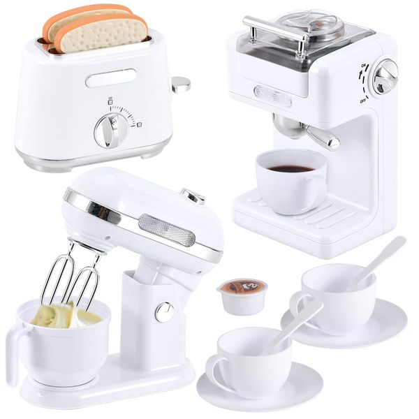 Pretend Play Kitchen Appliances Toy Set, Play Kitchen Accessories for Kids 3-8 with Coffee Maker, Toaster, Mixer with Light and Sound, Birthday Gift for Kids Ages 3 4 5 6 7 8，White