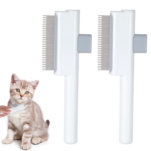 YBEATY 2 Pcs Pet Hair Comb Self Cleaning Cat Flea Brush with Release Button Comfort Safety Stainless Steel Brush Short Long Hair Removal Dogs Grooming Comb for Shedding Tangles (White fine-tooth comb)